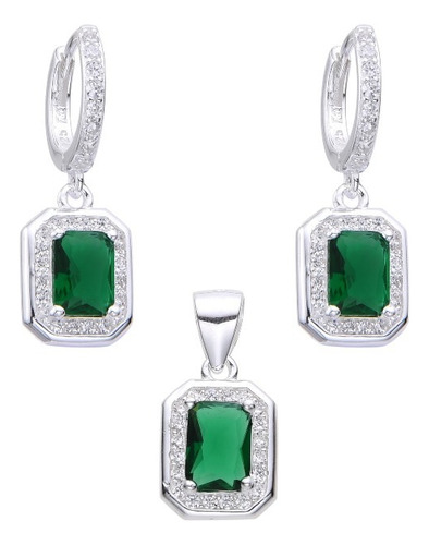 Cadena Dije Aros Set Plata 925 Rectangular Zircon Regalo