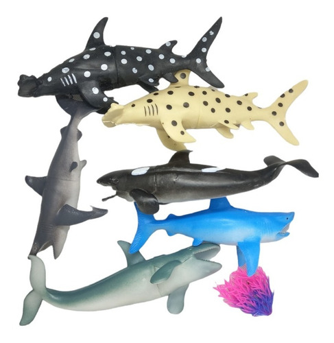Set De 6 Tiburones Surtidos Y 1 Planta Alga