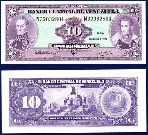 Billete 10 Bolívares N8 Diciembre 8 1992 Bolívar Y Sucre