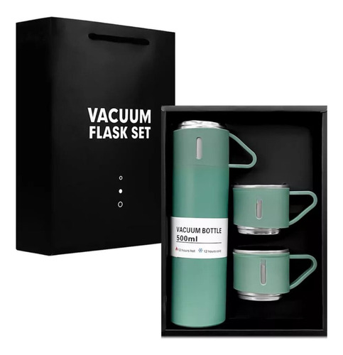 Garrafa Térmica Com Xícaras Inox Vacuum Flask Set Água Café Cor Verde