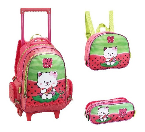 Imagem 1 de 4 de Mochila Com Rodas + Lancheira + Estojo Lilly Cat Vermelha
