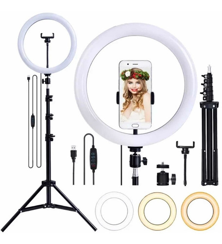 Imagem 1 de 5 de Iluminador Ring Ligth Anel Luz 26cm Make Fotos Com Tripé 1.60 Kit Completo Dimmer Selfie Youtuber Blogueiro Maquiagem