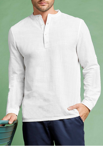 Camisa Ferrato Para Hombre Cuello Mao Manga Larga Blanco