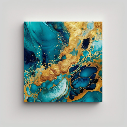 40x40cm Cuadro Tinta Alcohol Teal Y Oro Glitter Flores