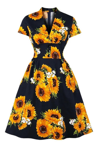 Vestido Elegante Con Cuello En V, Diseño De Girasoles | Meses sin intereses Vestido Elegante Con Cuello En V, Diseño De Girasoles | Meses sin intereses