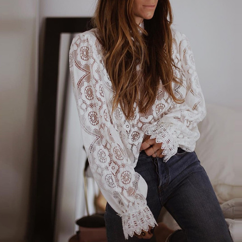 Blusa Transparente De Encaje Con Cuello Alto Y Manga Larga P