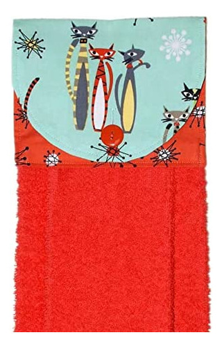 Toalla De Mano Colgante - Mod Cats On Aqua Con Tela Coral St