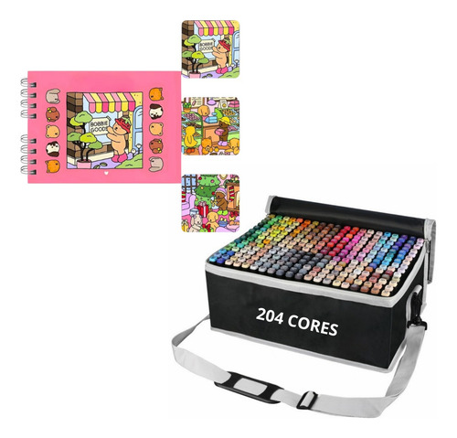 Kit Livro Caderno De Colorir Capa Dura Desenhos Variados 150g A5 Tipo Bobbie Goods Capivara + Canetas Marcadora Permanente Touch 204 Cores Ponta Dupla Base De Alcool Relaxa Combate Estresse Criativida