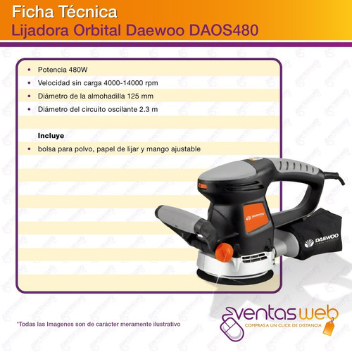 Imagen 3 de 4 de Lijadora Rotoorbital 125mm 480w Daewoo Vel Variable + Lijas