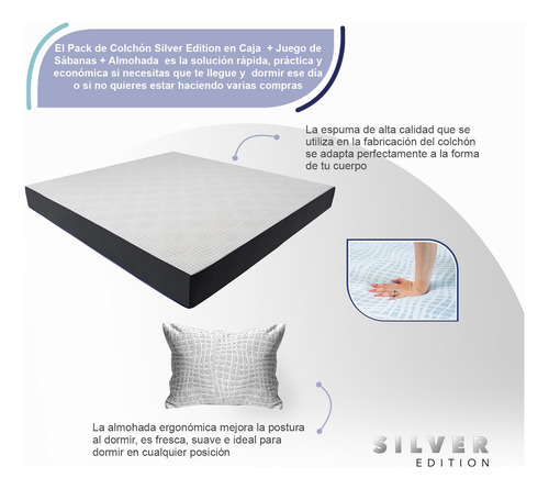 Colchón King Size En Caja 20 Cm + Juego Sábanas Y Almohada Blanco Con Gris