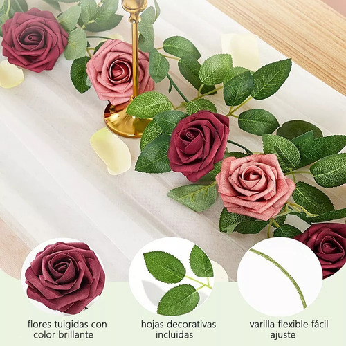 Vino Rojo Flores Rosa Artificiales De Es Con Tallo 25uds