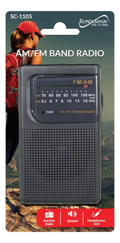 Radio Portátil Am / Fm Analógica Supersonic Sc1105bk A Pilas Y Electrica 2 Bandas Con Parlante Entrada Aux Antena Y Sintonización Led - Negro