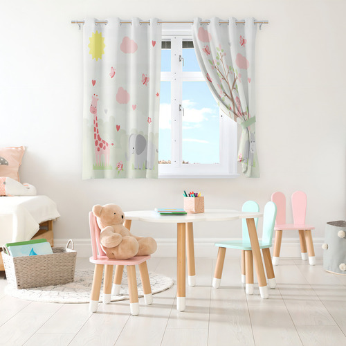 Cortina Infantil Animais Safari Rosa Menina 2,80x1,40m