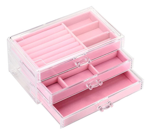 Joyero Organizador Cajas De Joyería Estuche Joyas, 3 Cajónes Color Rosa