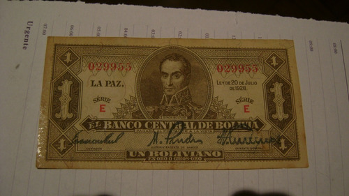 Antiguo Billete. Bolivia Un Boliviano Año 1928 Serie 1.2