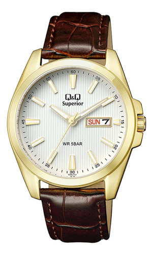 Reloj Q&q Análogo De Hombre Resistente Y Garantizado Color de la correa Marrón oscuro Color del bisel Dorado Color del fondo Blanco