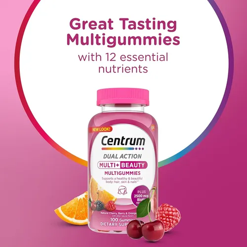 Centrum Multigummies Multi+ Beauty Multivitamínico De Doble Acción Sabores De Cereza, Baya Y Naranja, 100 Unidades