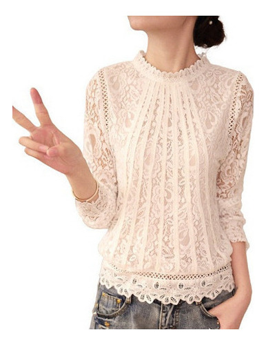 A Top Manga Larga Mujer Costura Encaje Camiseta Delgado