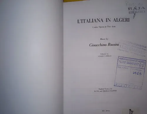 Rossini: L'italiana In Algeri Opera Score Schirmer Partitura