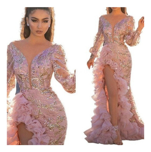 Vestido De Noche Rosa Con Lentejuelas Y Cola De Malla Se [u]