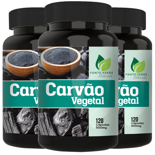 3 Potes Carvão Vegetal Ativado Puro Kit 360 Cáps Fonte Verde Sabor Sem Sabor