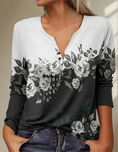 Blusa Delgada Con Botones De Manga Larga Con Estampado Para