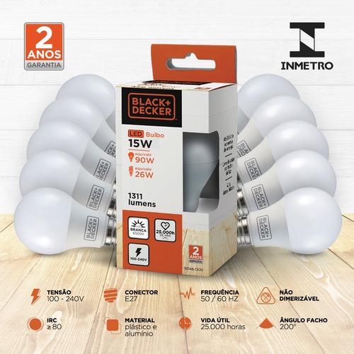 Kit 10 Lâmpadas Led Bulbo A60 15w Branca- Black + Decker