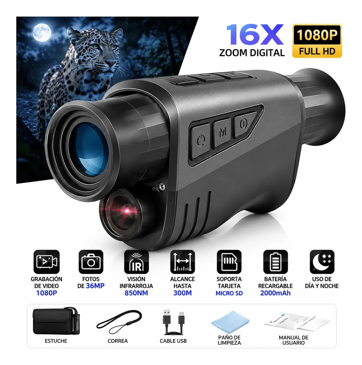 Monocular Visión Nocturna 16x Zoom Infrarrojo 300m, 1080p Hd Video/grabación, Apoyo Micro Sd, Caza, Acampada, Viajes, Vigilancia, Lente Recubierta