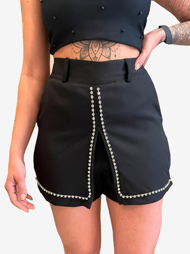 Short Saia Com Strass E Bolso