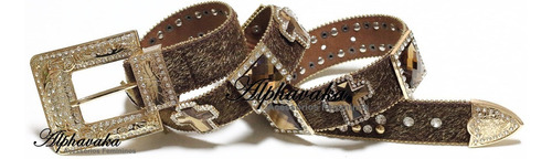 Imagem 4 de 5 de Cinto Feminino Country Marrom Com Strass E Fivela Dourada