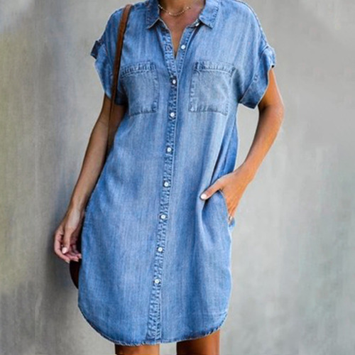 Vestido De Mujer Manga Corta Slim Color Sólido Denim Midi Sk