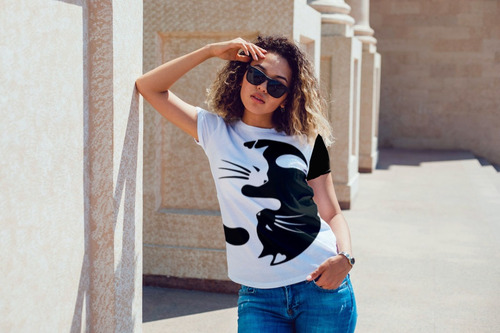 Blusa  Gato Yin Yang Blanco Y Negro Sublimada