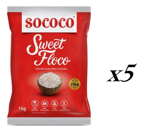 Coco Ralado Sococo Sweet Floco Úmido E Adoçado- Kit 5 Kilos