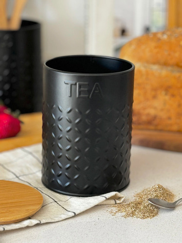 Lata Te Tea Deco Y Guardado Diseño Negro Y Tapa Bambu Carol