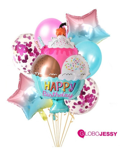 Globos En Gas Helio Copa De Helado Kit X 7 Globos Aluminio