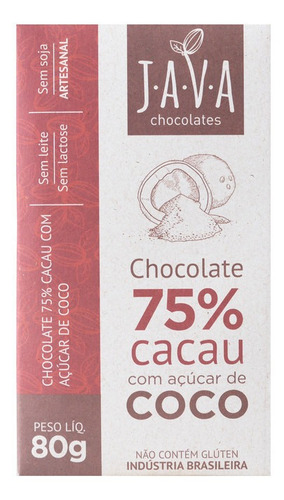 Chocolate 80g 75% Cacau Açúcar Coco Sglúten Slactose Ssoja