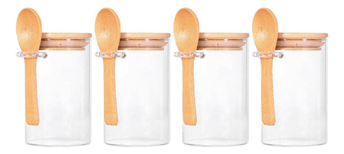 Od 4 Potes De Vidro Com Tampas De Bambu E Colheres De Pau P
