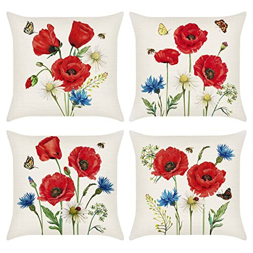 Fundas De Almohada Flores Rojas 18x18 Juego De 4 Regalo...