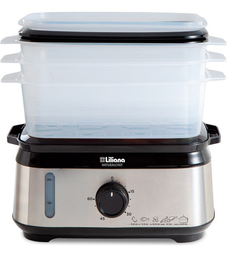 Imagen 3 de 8 de Vaporiera Liliana Av925 Naturalchet Digital 950w 3 Niveles Color Acero Inox