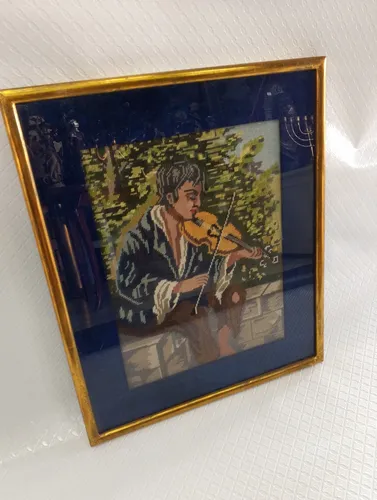 Cuadro Antiguo Italy Bordado De Punto Gobelino El Violinista (Usado)