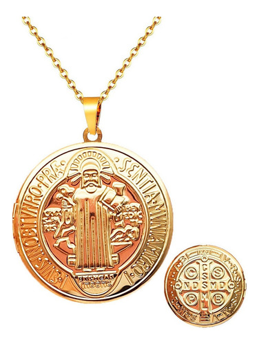 Collar Medalla San Benito Relicario Acero Unisex + Estuche