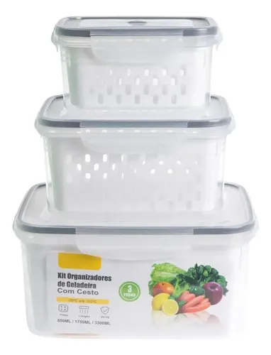 Kit 3 Potes Organizador De Geladeira Armário Tampa  Hermética Branco