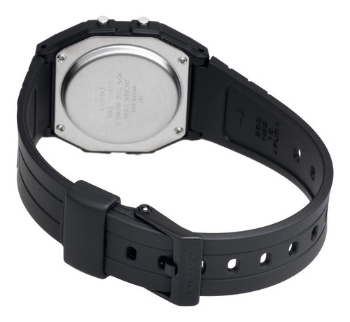 Reloj pulsera Casio Collection F-91 de cuerpo color negro, digital, fondo gris, con correa de resina color negro, dial negro, minutero/segundero negro, bisel color negro y hebilla simple