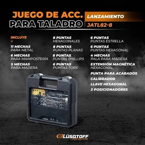 Juego Brocas Y Accesorios P/ Taladro 82 Pz Lusqtoff Jatl82-8