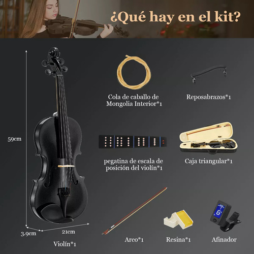 Violin Acustico 4/4 Profesional Con Estuche Y Arco Y Accesorios Color Negro AMOLORIA