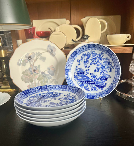 Juego 6 Platos Hondos Porcelana Tsuji Modelo Old Blue C1980 Blanco Y Azul Old Blue (Usado)