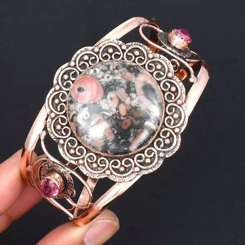 Pulsera De Cobre Con Bellos Fósiles Crinoideos Y Rubelitas