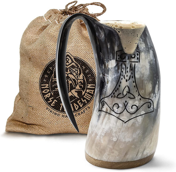 35 ml, Horn Shot Divit Genuine Viking cuerno para beber con pantalla de madera Decoraciones de latón y bolsa de regalo de lino incluida. Set of 4 Cuerno para beber cerveza medieval auténtica 