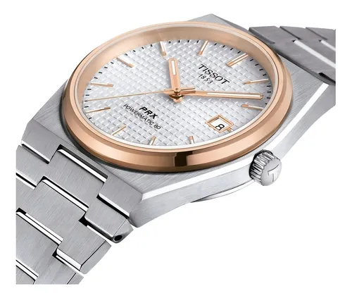 Reloj pulsera Tissot PRX powermatic 80 con correa de acero inoxidable color plata - bisel oro rosa
