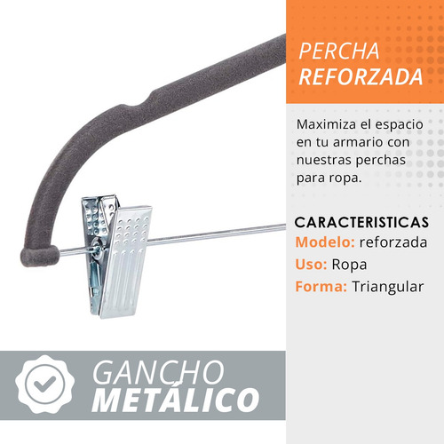 Imagen 6 de 9 de Percha Terciopelo Gris Con Broches Antideslizante M-12 X 10